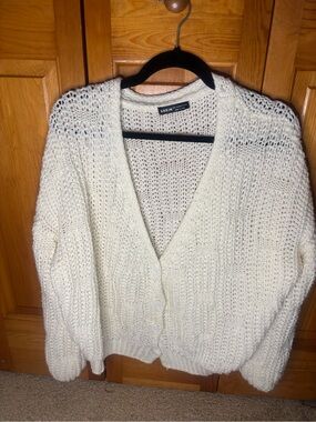 SHEIN Cream Open-Knit Button Cardigan